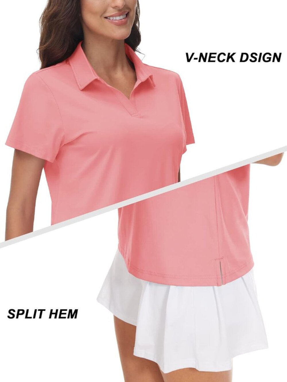 Women's 12-pink V-Neck Polo Shirts UPF50+ Short Sleeve Golf Collared Tops - Picture 4 of 6